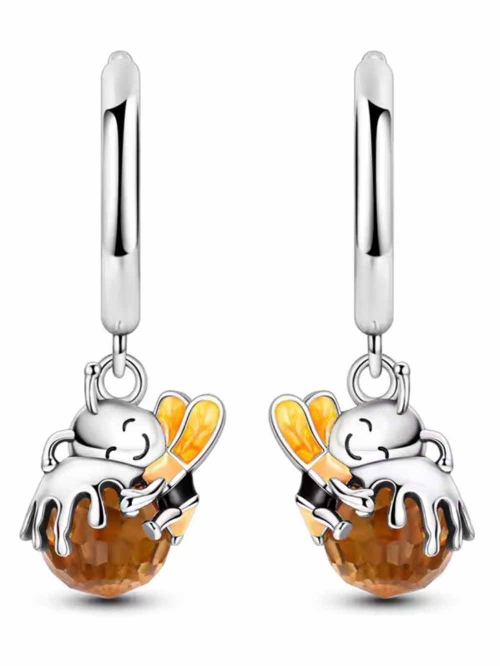 Sterling Silver Bee Drop Earrings with Amber Crystal